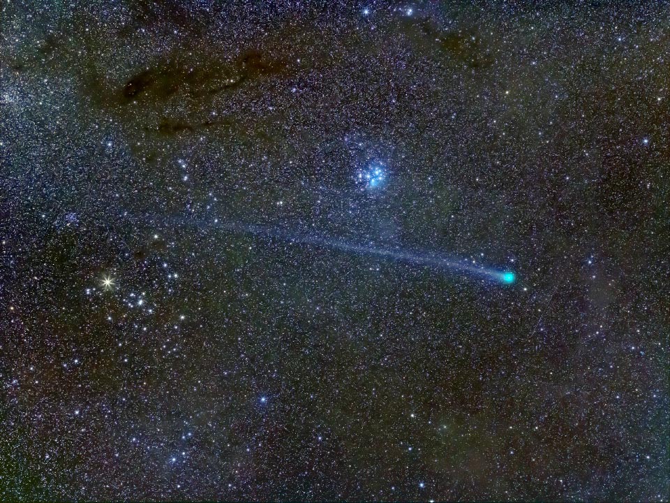 Comète Lovejoy sous les Pléiades dans la constellation du taureau