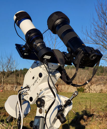 Montage de mon appareil photo Leica SL2 + Vario-Apo 90-280 mm+ petite lunette TS de 240 mm + Lacerta MGen II sur une monture SkyWatcher AZ-EQ6 pour photographier les étoiles.