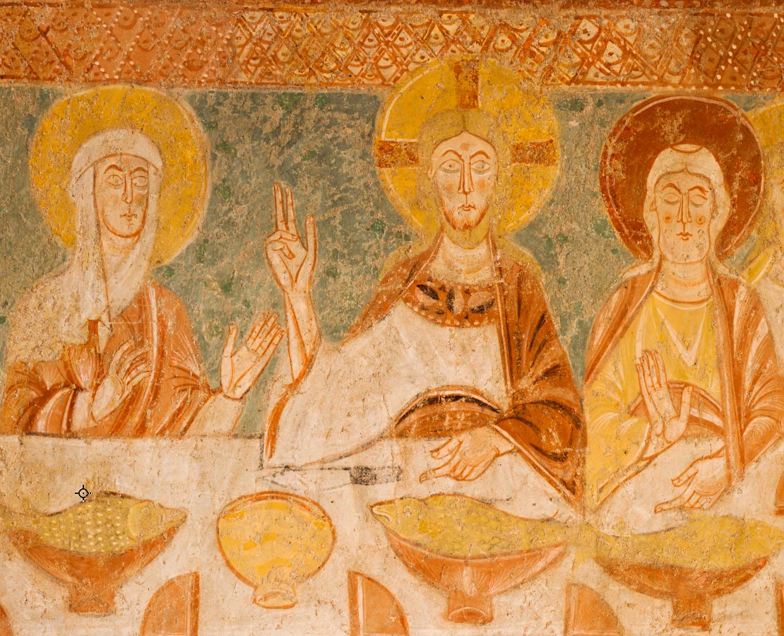 Détail de la peinture des Noces de Cana dans l'église Saint-Aignan de Brinay