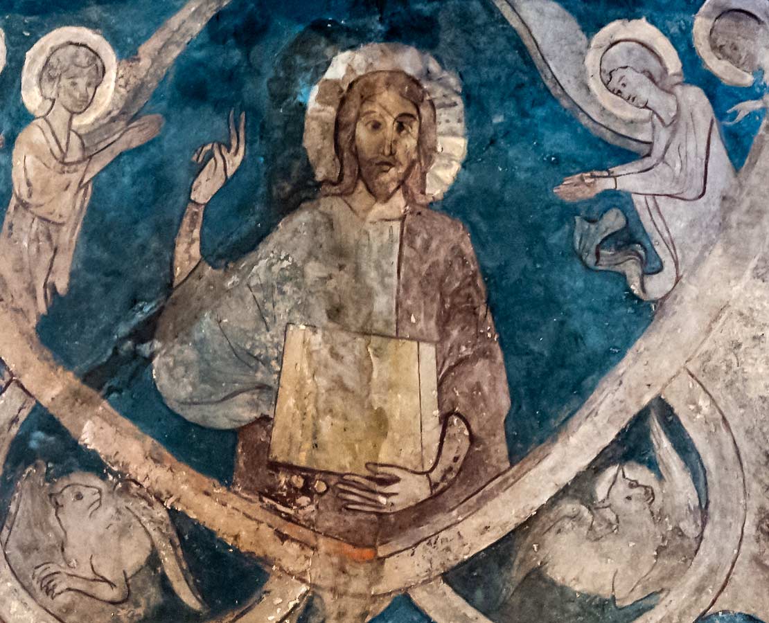 Détail du Christ de la fresque de la chapelle Saint-Jean-Baptiste de la basilique Saint-Julien de Brioude, Haute-Loire